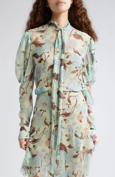 Stella Mccartney Lady Garden Print Silk Chiffon Pussybow Shirt In Multicolor Mint