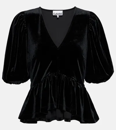 Ganni V-neck Velvet Blouse In Black