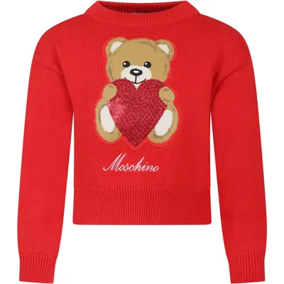 Moschino Kids' Teddy Bear Cotton And Wool Sweater In Red