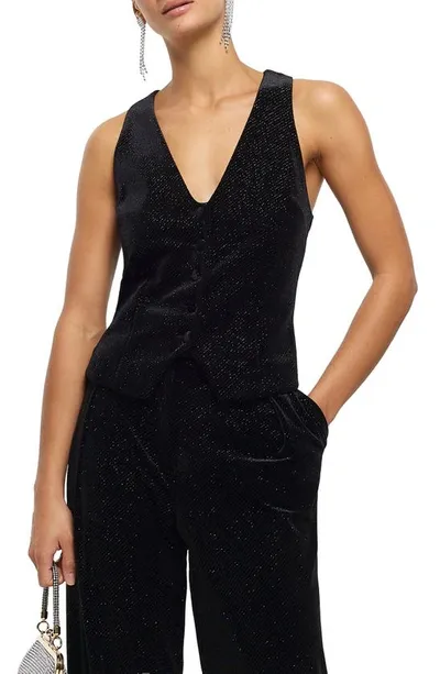 River Island Sparkle Button Front Waistcoat In Black