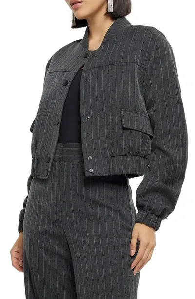 River Island Heat Seal Pinstripe Bomber Jacket In Grey