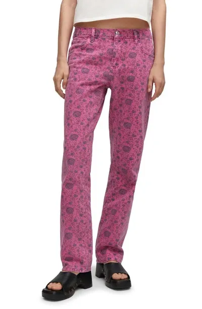 Mango Floral Print Straight Leg Jeans In Fuchsia