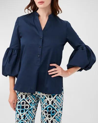 Trina Turk Freshwater Puff-sleeve Organic Cotton Top In Indigo