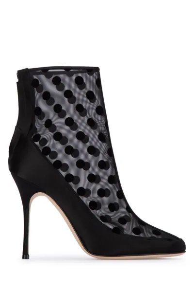 Manolo Blahnik Mukinka 105 Satin-trimmed Polka-dot Mesh Ankle Boots In Black