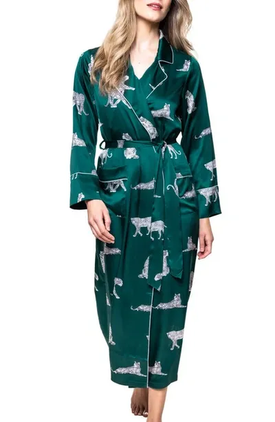 Petite Plume Panther Print Piped Mulberry Silk Robe In Green