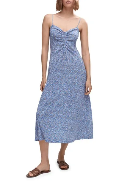 Mango Ruched Detail Flower Dress Blue