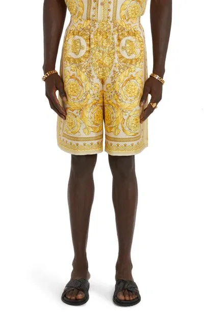 Versace Barocco-print Silk Shorts In Champagne