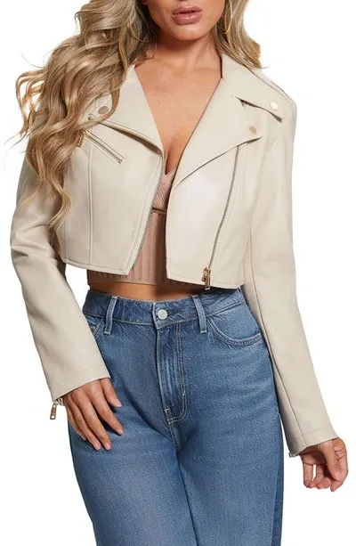 Guess Women's Rochelle Cropped Faux-leather Moto Jacket In Pearl Oyster