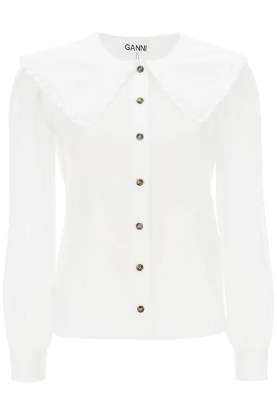 Ganni Ruffled Poplin Shirt In White