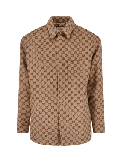 Gucci Gg All-over Beige Overshirt In Brown