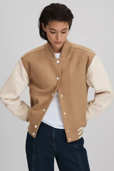 Reiss Camel/cream Premium Wool Blend Bomber Jacket