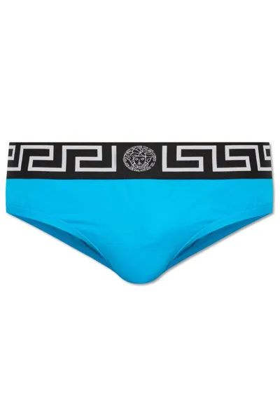 Versace Medusa Jacquard Logo Waistband Swim Briefs In Blue