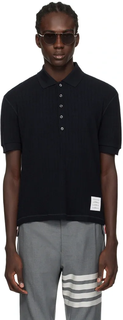 Thom Browne Navy Button Polo In Blue