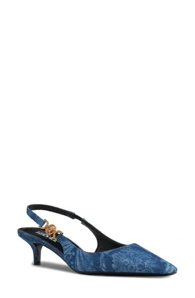 Versace Medusa Denim Kitten Slingback Pumps In Blue