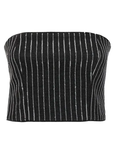 Rotate Birger Christensen Sequin Pinstripe Crop Top Tops In Black