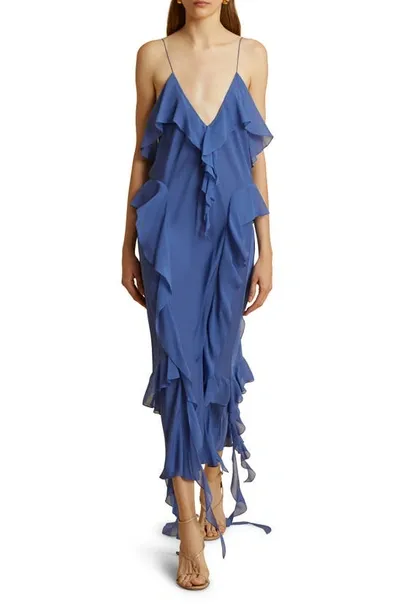 Khaite Pim Cascading-ruffles Sleeveless Maxi Dress In Blue Iris