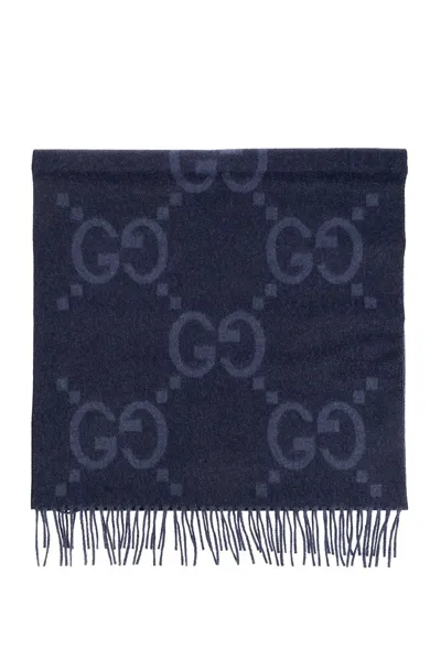 Gucci Gg Jacquard Fringed Scarf In Navy