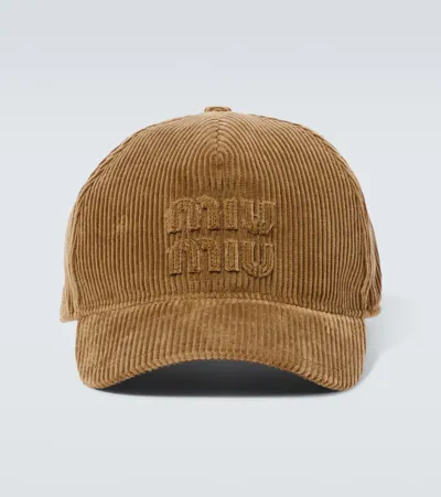 Miu Miu Logo Corduroy Baseball Cap In Brown