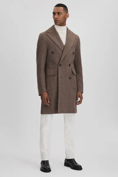 Oscar Jacobson Slim Fit Wool Double Breasted Coat In Dark Beige