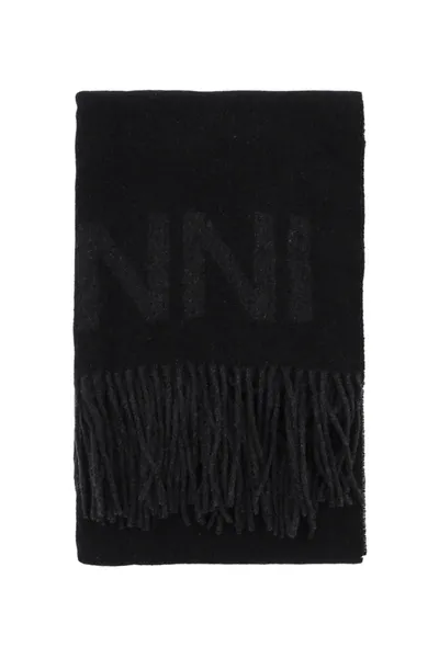 Ganni Logo Lettering Scarf In Black