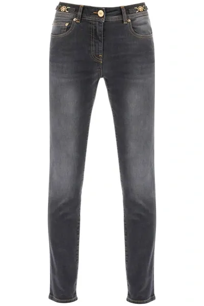 Versace Medusa Head Stonewashed Skinny Jeans In Black+print