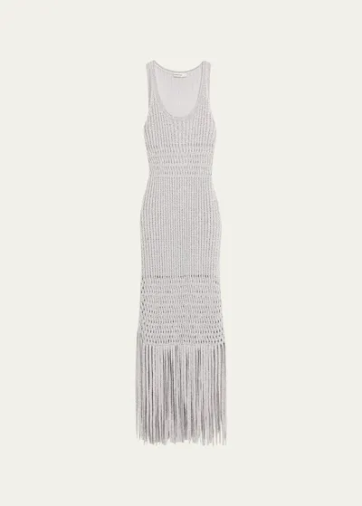 Simkhai Jocelyn Sleeveless Open-knit Fringe Midi Dress In Silver