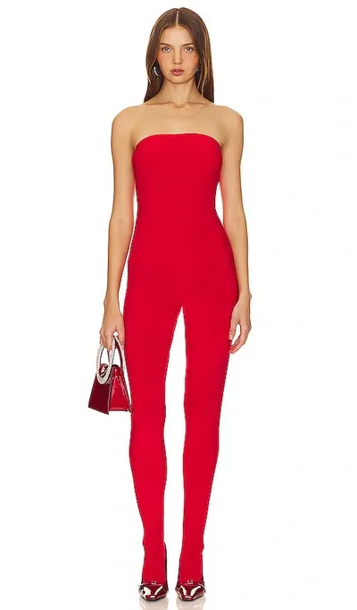 Norma Kamali Strapless Catsuit With Footsie In Tiger Red