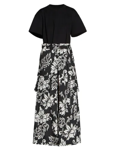 Sacai Floral-print Flap-pocket Cotton Midi Dress In Black