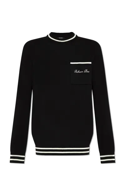 Balmain Logo-embroidered Merino Wool Jumper In Black