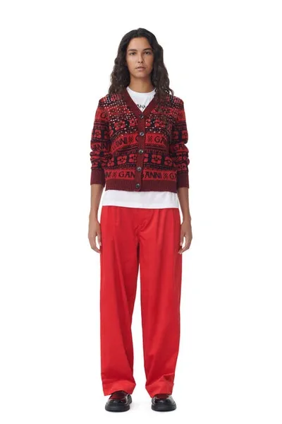 Ganni Red Shiny Corduroy Loose Pleat Trousers In High Risk Red