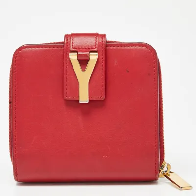 Pre-owned Saint Laurent Red Leather Y Line Zip Compact Wallet