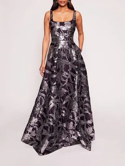 Marchesa Lotus Sequin Gown In Aubergine/gunmetal