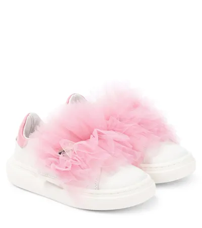 Monnalisa Kids' Girls White Leather & Pink Tulle Trainers