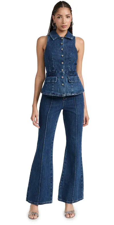 Self-portrait Sleeveless Flared Denim Jumpsuit In Blue