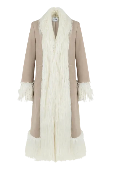 Lora Istanbul Lora Beige Faux Fur Suede Long Coat