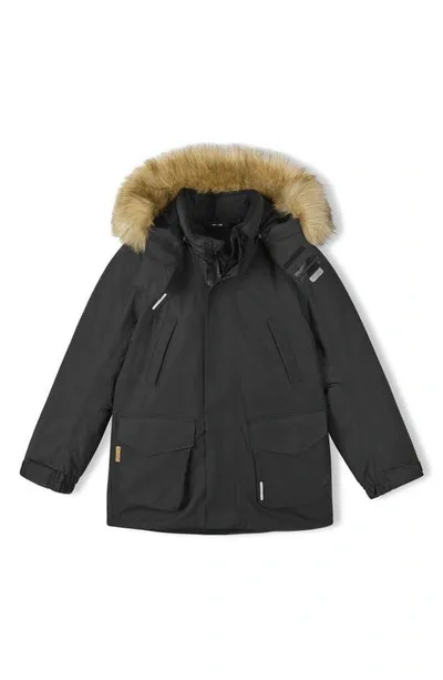 Reima Kids' Serkku Waterproof Down & Feather Fill Jacket With Faux Fur Trim In Black