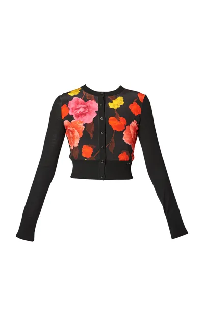 Erdem Wool Cropped Floral-printed Cardigan In Black