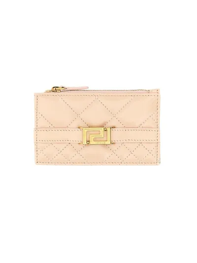 Versace Greca Goddess Quilted Zipped Card Holder In Beige