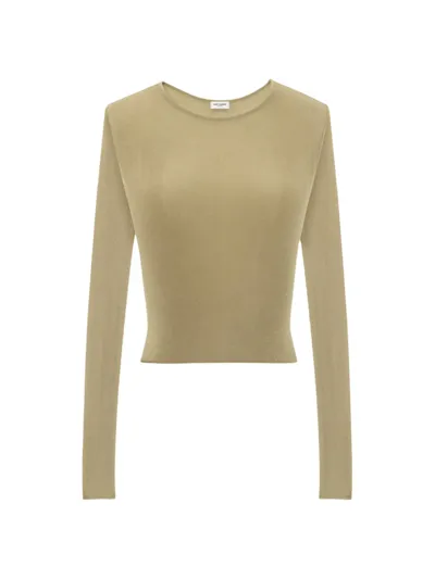 Saint Laurent Fine-knit Jersey Long-sleeve Cropped Top In Vert Amande