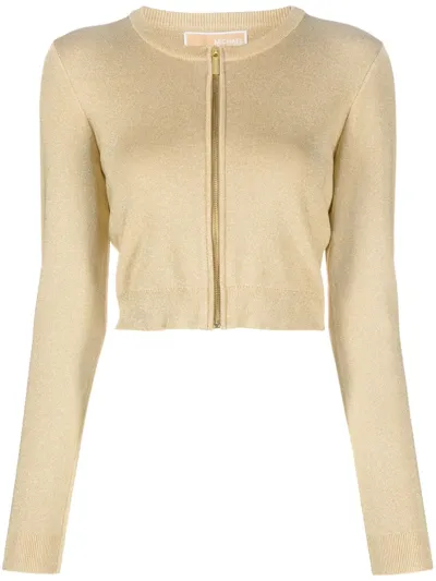 Michael Michael Kors Metallic Ribbed-knit Cropped Cardigan In Gold