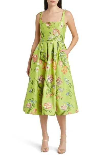 Marchesa Notte Floral Square-neck A-line Midi Dress In Spring Green,multicolor