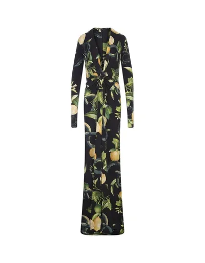 Roberto Cavalli Long Black Dress With Lemons Print