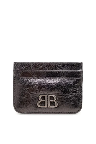 Balenciaga Logo Plaque Metallic Card Case In Silver