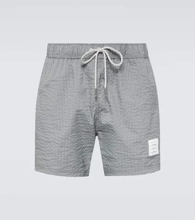 Thom Browne Seersucker Swim Trunks In Grey