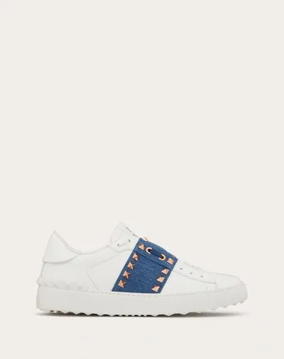 Valentino Garavani Rockstud Untitled Trainer In Calfskin With Denim Band Woman Denim/white 38