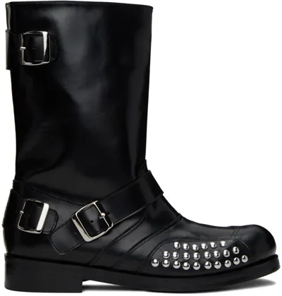 Stefan Cooke Leather Biker Boots In Black