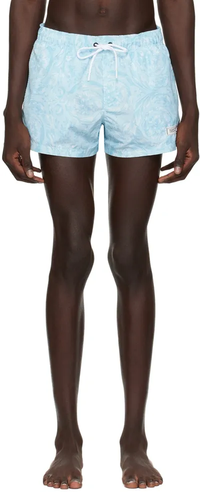 Versace Barocco Print Swim Shorts In Pale Blue