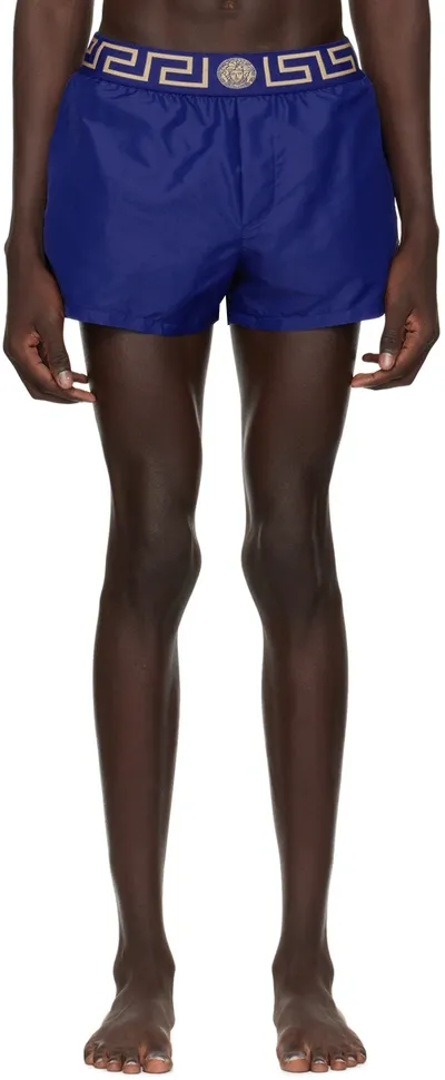 Versace Greca Border Knee-length Swim Shorts In Bluette Gold