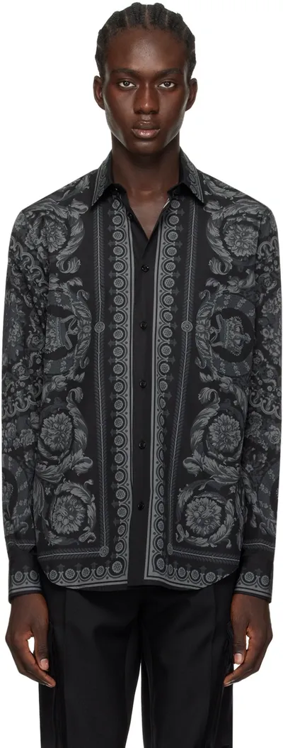 Versace Barocco-print Cotton Shirt In Black