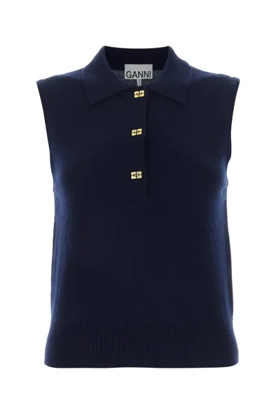 Ganni Sleeveless Striped Cashmere Sleeveless Polo In Navy